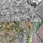 Expansión urbana hacia el oeste de Sevilla entre 1956 (arriba; ortofoto del vuelo fotogramétrico de España de 1956) y 2020 Google Earth.